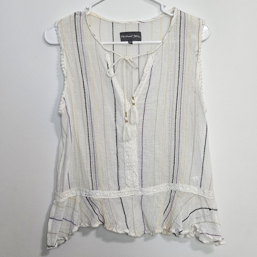 Michael Stars Sleeveless Top Sz M Gauze‎ Striped Tassle Peplum Hem Boho Festival